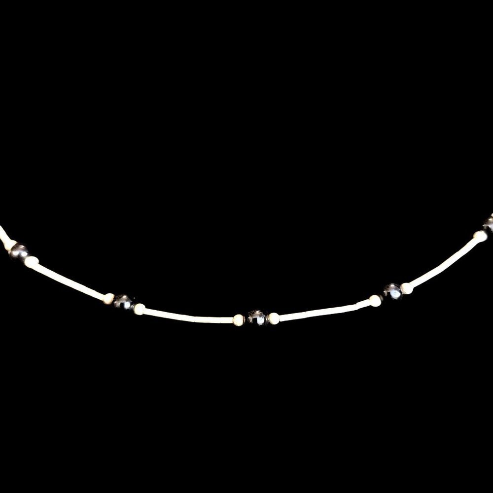 Vintage Black Onyx Round Stones Stainless Steel Tube Bead Necklace Barrel Clasp - Picture 4 of 6
